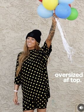 Women's Oversized Black Tee with Yellow Polka Dots